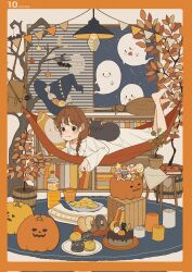 Rule 34 | 1girl, 5others, autumn leaves, bag, barefoot, barrel, bat (animal), black eyes, blush, book, bookshelf, bottle, box, braid, broom, brown hair, candle, candy, cat, chair, chips (food), chocolate, closed mouth, cookie, crescent, cross, cup, doughnut, drooling, food, ghost, glasses, halloween, hammock, handbag, hat, highres, holding, holding food, juice, lamp, leaf, lollipop, long hair, looking at another, looking at viewer, multiple others, night, night sky, nightgown, open mouth, orange juice, original, pillow, plant, plate, potted plant, pumpkin, sky, smile, star (sky), star (symbol), starry sky, takosuke (gyzp7373), toy, tree, witch hat