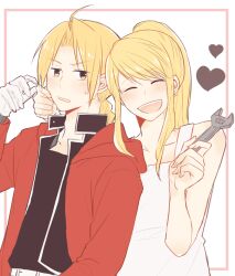 Rule 34 | 1boy, 1girl, :d, ^ ^, bare shoulders, belt, black shirt, blonde hair, blush, cheek pull, closed eyes, coat, collarbone, commentary request, cowboy shot, dress, earrings, edward elric, fullmetal alchemist, gloves, hand up, hands up, heart, high ponytail, holding, holding wrench, hood, hood down, hooded coat, jewelry, long hair, looking at viewer, open clothes, open coat, open mouth, parted bangs, ponytail, rectangle, red coat, shirt, sidelocks, simple background, sleeveless, sleeveless dress, smile, sweatdrop, swept bangs, teeth, upper teeth only, v-shaped eyebrows, white background, white dress, white gloves, winry rockbell, wrench, yellow eyes, yu si02