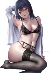 Rule 34 | 1girl, black bra, black hair, black panties, black thighhighs, bra, detached sleeves, foot out of frame, hair between eyes, highres, lips, long hair, looking at viewer, mhru, navel, no shoes, open clothes, open shirt, original, panties, parted lips, red eyes, shirt, simple background, sitting, solo, stomach, thighhighs, underwear, underwear only, white background, white shirt