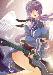 Rule 34 | 1girl, black gloves, breasts, chinese clothes, gloves, grey hair, hanfu, holding, holding polearm, holding weapon, long hair, long sleeves, looking at viewer, mikoto (samurai spirits), open mouth, polearm, red eyes, samurai spirits, solo, spear, weapon, white wings, wings, yue (rurukichi)