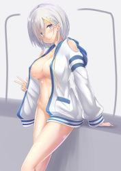 Rule 34 | 1girl, absurdres, arm support, blue eyes, blush, breasts, closed mouth, clothing cutout, collarbone, covered erect nipples, cowboy shot, groin, hair ornament, hair over one eye, hairclip, hamakaze (kancolle), head tilt, highres, hood, hood down, hooded jacket, hoodie, jacket, jacket tug, kantai collection, large breasts, leaning, looking at viewer, naked hoodie, navel, no bra, no panties, open clothes, shiny skin, short hair, shoulder cutout, sidelocks, silver hair, smile, solo, stomach, tokito yu