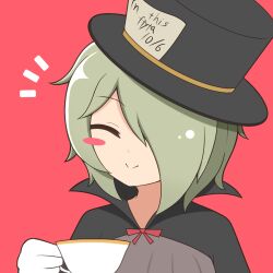 Rule 34 | 1girl, black cape, black hat, black souls, blush stickers, bow, bowtie, cape, closed eyes, closed mouth, cup, dress, gloves, green hair, grey dress, hair over one eye, hand up, hat, hatter (black souls), holding, holding cup, notice lines, red background, red bow, red bowtie, short hair, simple background, smile, solo, teacup, top hat, udododo, white gloves