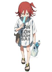 Rule 34 | 1girl, artist name, bag, clothes writing, food, full body, grey eyes, hair between eyes, holding, holding bag, holding food, looking down, mchonmchon, original, popsicle, red hair, romaji text, sandals, shirt, short shorts, shorts, shoulder bag, side ponytail, simple background, solo, toes, walking, watermark, white background, white shirt