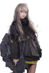 Rule 34 | 1girl, absurdres, black jacket, brown eyes, girls&#039; frontline, gun, highres, holding, holding gun, holding weapon, jacket, lizchief, long hair, long sleeves, looking at viewer, official alternate costume, one side up, pantyhose, parted lips, scar, scar across eye, scar on face, simple background, sketch, standing, ump45 (girls&#039; frontline), ump45 (winter journey) (girls&#039; frontline), weapon, white background