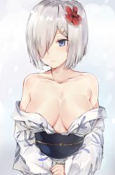 Rule 34 | 10s, 1girl, bare shoulders, blue eyes, breasts, collarbone, flower, gradient background, hair flower, hair ornament, hair over one eye, hairclip, hamakaze (kancolle), highres, japanese clothes, kantai collection, kimono, kyouki, large breasts, off shoulder, sash, short hair, silver hair, solo, upper body