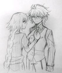Rule 34 | 1boy, 1girl, ahoge, braid, capelet, couple, dress, face-to-face, fate/apocrypha, fate (series), fokwolf, greyscale, hair between eyes, jeanne d&#039;arc (fate), jeanne d&#039;arc (ruler) (fate), long braid, long hair, long sleeves, looking at another, monochrome, necktie, obi, pants, sash, shirt, short hair, sieg (fate), single braid, tying necktie, very long hair, waistcoat
