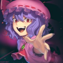 Rule 34 | 1girl, ascot, back bow, bat wings, boa (brianoa), bow, brooch, commentary, dress, english commentary, fangs, fingernails, frilled shirt collar, frilled sleeves, frills, gem, green gemstone, hat, highres, jewelry, long fingernails, mob cap, open mouth, outstretched arms, pink dress, pink hat, puffy short sleeves, puffy sleeves, purple hair, reaching, reaching towards viewer, red ascot, red eyes, red ribbon, red sash, remilia scarlet, ribbon, ribbon trim, sash, sharp fingernails, short hair, short sleeves, solo, teeth, tongue, touhou, twitter username, upper body, upper teeth only, wavy hair, wings, wrist cuffs