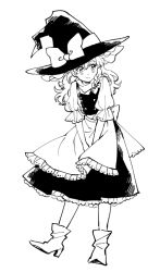 Rule 34 | 1girl, apron, boots, bow, braid, frills, full body, greyscale, hair ribbon, hat, hat bow, high heel boots, high heels, kirisame marisa, looking to the side, monochrome, natsume (menthol), puffy sleeves, ribbon, simple background, single braid, smile, solo, standing, touhou, tress ribbon, waist apron, wavy hair, witch hat