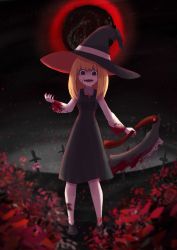 Rule 34 | 1girl, black dress, black eyes, black footwear, black hat, blonde hair, blood, blood on clothes, blood on face, bloodborne, bloody weapon, cookie (touhou), dress, flower, full body, gogogo (cookie), hat, highres, holding, kirisame marisa, long hair, long sleeves, looking at viewer, open mouth, pinafore dress, planted, planted sword, planted weapon, red flower, saw, saw cleaver, sharp teeth, shirt, shoes, sleeveless, sleeveless dress, socks, solo, standing, sword, tatamaru5382, teeth, touhou, weapon, white shirt, white socks, witch hat