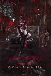 Rule 34 | 1girl, absurdres, angel, arknights, black footwear, black gloves, black pantyhose, bmw, bmw x5, car, closed mouth, commentary, detached wings, energy wings, exusiai (arknights), fingerless gloves, gloves, halo, hand on own knee, highres, jacket, knee up, motor vehicle, outdoors, pantyhose, penguin logistics logo, red eyes, red hair, short hair, sitting, solo, soukou makura, symbol-only commentary, white jacket, wings