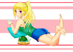 Rule 34 | 1girl, absurdres, ass, bad id, bad pixiv id, bare shoulders, barefoot, blonde hair, blush, breasts, feet, food, fruit, highres, long hair, looking at viewer, looking back, lying, medium breasts, on stomach, ortfine fredericka von eylstadt, pillow, purple eyes, shorts, shuumatsu no izetta, simple background, smile, soles, solo, toes, watermelon