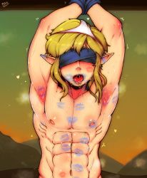 Rule 34 | 1boy, abs, armpits, arms up, bad id, bad pixiv id, blindfold, blonde hair, blush, bound, bound wrists, drooling, facing viewer, heart, highres, link, lipstick mark, male focus, navel, nintendo, nipples, nude, object on head, open mouth, outdoors, panties, panties on head, pectorals, pointy ears, randomboobguy, ribs, snot, solo, stomach, sweat, the legend of zelda, toned, toned male, trembling, underwear, upper body