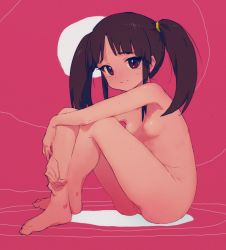 Rule 34 | 1girl, alphabet (alphabetnoon), barefoot, blush, breasts, brown hair, cleft of venus, embarrassed, feet, female focus, full body, highres, hugging own legs, jia-ling lin, knees up, long hair, looking at viewer, maroon eyes, nipples, nude, pussy, sidelocks, sitting, small breasts, solo, sweat, tears, toes, twintails, uncensored, wakaokami wa shougakusei