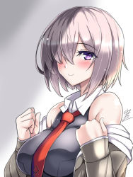 Rule 34 | 1girl, bare shoulders, black shirt, blush, breasts, clenched hands, closed mouth, fate/grand order, fate (series), from side, hair over one eye, jacket, large breasts, long sleeves, looking at viewer, looking to the side, mash kyrielight, necktie, off shoulder, open clothes, open jacket, purple eyes, red necktie, shirt, short hair, silver hair, sleeveless, sleeveless shirt, smile, solo, upper body, yasakani an