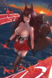 Rule 34 | 1girl, aircraft, akagi (azur lane), animal ear fluff, animal ears, azur lane, bad id, bad pixiv id, bare shoulders, black gloves, black thighhighs, breasts, brown hair, brown tail, cleavage, cleavage cutout, clothing cutout, cloud, flight deck, full body, gloves, highres, kitsune, large breasts, long hair, looking at viewer, magic, metal belt, miniskirt, multiple tails, outdoors, red eyes, red skirt, skirt, solo, sunrise, tail, thighhighs, walking, walking on liquid, wuyi p, zettai ryouiki