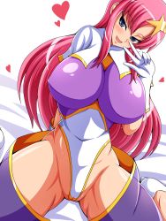 Rule 34 | 1girl, aokura shou, blue eyes, blush, breasts, cameltoe, crotch, curvy, covered erect nipples, female focus, gloves, gundam, gundam seed, gundam seed destiny, hair ornament, head tilt, heart, highleg, highres, large breasts, leotard, long hair, looking at viewer, meer campbell, naughty face, open mouth, pink hair, shoes, simple background, sitting, smile, solo, spread legs, star (symbol), star hair ornament, thighs, wariza, white background