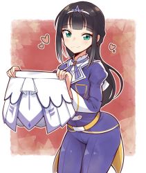 Rule 34 | 1girl, belt, black hair, blue pants, blue ribbon, blue suit, blunt bangs, ceph (greatyazawa1819), commentary, earrings, formal, green eyes, heart, highres, holding, holding clothes, holding skirt, jewelry, kurosawa dia, long hair, long sleeves, looking at viewer, love live!, love live! school idol festival, love live! sunshine!!, mole, mole under mouth, neck ribbon, outline, pants, red background, ribbon, skirt, unworn skirt, smile, solo, suit, symbol-only commentary, tiara, waist cape, white outline, white skirt