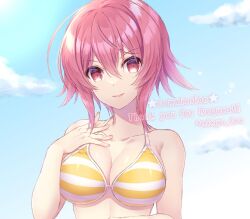 Rule 34 | 1girl, :d, bare arms, bikini, breasts, chaos;child, cleavage, cloud, collarbone, commission, hair between eyes, looking at viewer, medium breasts, medium hair, nishijou myu, onoe serika, open mouth, pink hair, red eyes, sideboob, skeb commission, smile, solo, straight hair, striped bikini, striped clothes, swimsuit, upper body, yellow bikini