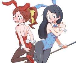 Rule 34 | 10s, 2girls, akita (20033203), animal ears, ass, barbara parker, bare shoulders, black eyes, black hair, blush, bow, bowtie, broom, commentary request, detached collar, embarrassed, fake animal ears, hair bow, hannah england, high heels, leotard, little witch academia, long hair, multiple girls, open mouth, pantyhose, playboy bunny, ponytail, rabbit ears, rabbit tail, red hair, simple background, surprised, tail, white background, wide-eyed, wrist cuffs