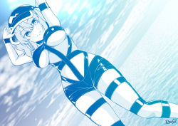 Rule 34 | 1girl, blue theme, bodysuit, breasts, day, flat cap, hair bobbles, hair ornament, hat, highres, kagiyama shachou, kawashiro nitori, latex, looking at viewer, medium breasts, medium hair, monochrome, ocean, open bodysuit, open clothes, outdoors, short twintails, sidelocks, simple background, smile, solo, thighs, touhou, twintails, two side up, white background