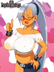 Rule 34 | 1girl, asymmetrical bangs, asymmetrical legwear, breasts, character request, covered erect nipples, cowboy shot, fang, glasses, hand on own hip, high ponytail, huge breasts, logo, long hair, lowres, midriff, official art, one eye closed, open mouth, psychic hearts, red-framed eyewear, red eyes, ryoji (nomura ryouji), semi-rimless eyewear, silver hair, solo, thumbs up, torn clothes, uneven legwear, wristband