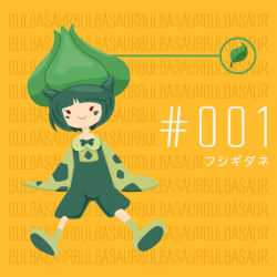 Rule 34 | 1girl, bow, bowtie, bulbasaur, character name, creatures (company), facial mark, fangs, game freak, gen 1 pokemon, green bow, green bowtie, green footwear, green hair, green headwear, green overalls, leaf, mikuen, nintendo, personification, pokemon, red eyes, short hair, sitting, sleeves past fingers, sleeves past wrists, smile, solo, text background, translation request, wide sleeves, yellow eyes