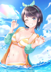 Rule 34 | 1girl, ;d, bad id, bad pixiv id, bikini, black hair, blue eyes, blue sky, blush, breasts, cleavage, collarbone, grin, hair ribbon, highres, hololive, inaka 44, looking at viewer, medium breasts, nail polish, one eye closed, oozora subaru, oozora subaru (hololive summer 2019), open mouth, outdoors, partially submerged, red nails, ribbon, short hair, sky, smile, solo, sparkle, splashing, striped bikini, striped clothes, swimsuit, teeth, virtual youtuber, water