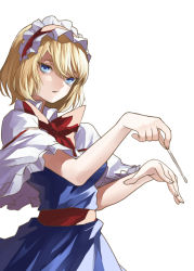 Rule 34 | 1girl, alice margatroid, blonde hair, blue dress, blue eyes, capelet, dress, eredhen, hairband, lolita hairband, looking at viewer, magician, sash, short hair, solo, stick, touhou