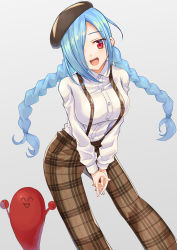 Rule 34 | .live, 1girl, :d, beret, black hat, blue hair, braid, breasts, brown pants, collared shirt, commentary request, dress shirt, grey background, hair over one eye, hat, highres, leaning forward, long hair, long sleeves, low twintails, medium breasts, okiru, open mouth, own hands together, pants, plaid, plaid pants, red eyes, shirt, simple background, smile, solo, standing, suspenders, tilted headwear, twin braids, twintails, very long hair, virtual youtuber, white shirt, yamato iori