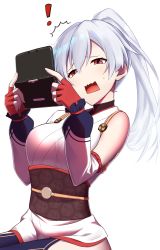 Rule 34 | !, 1girl, ^^^, fate/grand order, fate (series), fingerless gloves, gloves, handheld game console, highres, japanese clothes, kuroshiro (ms-2420), long hair, mitsudomoe (shape), nintendo 3ds, obi, playing games, ponytail, red eyes, sash, silver hair, solo, tomoe (symbol), tomoe gozen (fate), white background