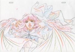 Rule 34 | 1girl, breasts, cape, cleavage, color trace, highres, long hair, macross, macross frontier, macross frontier: itsuwari no utahime, production art, sheryl nome, sketch, solo