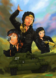 Rule 34 | 3girls, ammunition, artist name, blonde hair, blue eyes, cloud, day, graphite (medium), hat, long hair, mechanical pencil, military, military vehicle, motor vehicle, multiple girls, original, pencil, rurobani, sky, smile, t-62, tank, traditional media