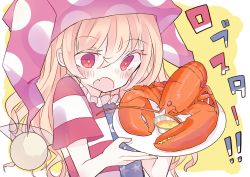 Rule 34 | 1girl, american flag dress, american flag shirt, blonde hair, blush, clownpiece, fairy wings, fang, frilled shirt collar, frills, hat, highres, holding, jester cap, lobster, long hair, nagi (nagito), neck ruff, open mouth, plate, polka dot, red eyes, short sleeves, simple background, solo, sparkling eyes, star (symbol), star print, touhou, translated, upper body, wings, yellow background
