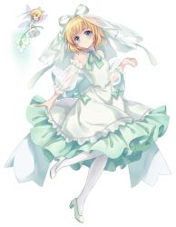 Rule 34 | 1girl, akinomiya asuka, alternate costume, aqua neckwear, bare shoulders, blonde hair, blue eyes, bride, collarbone, detached sleeves, dress, flower, flying, full body, hair ribbon, head tilt, high heels, highres, holding, holding flower, layered dress, lily of the valley, looking at another, looking at viewer, medicine melancholy, neck ribbon, open mouth, pantyhose, ribbon, see-through, see-through sleeves, short hair, simple background, smile, standing, standing on one leg, strapless, strapless dress, su-san, touhou, transparent background, two-tone dress, veil, wedding dress, white background, white footwear, white pantyhose