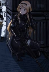 Rule 34 | 1boy, 1girl, absurdres, an-94, an-94 (girls&#039; frontline), an-94 (the diving bell and the doll) (girls&#039; frontline), aqua eyes, assault rifle, blonde hair, blush, bodysuit, closed mouth, container, crossover, diving suit, gas mask, genome soldier, girls&#039; frontline, gun, hairband, highres, holding, holding weapon, listening, long hair, looking back, mask, metal gear (series), metal gear solid, military, military uniform, nutro, official alternate costume, oxygen mask, rebreather, rifle, sidelocks, sneaking, squatting, trigger discipline, uniform, weapon, wetsuit