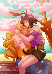 2girls antenna_hair artist_name bare_shoulders bench black_shorts blake_belladonna breasts cherry_blossoms cleavage denim flower hair_flower hair_ornament highres hug jeans large_breasts mechanical_arms multiple_girls off-shoulder_shirt off_shoulder orange_shirt pants pink_flower purple_shirt rwby shirt short_hair shorts single_mechanical_arm smile torn_clothes torn_jeans torn_pants upper_body yang_xiao_long yellow_nicky yuri