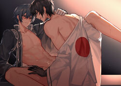 2boys absurdres black_gloves black_hair blue_hair blush commentary_request cum cum_on_body cum_on_stomach dual_persona eye_contact gloves hand_on_another&#039;s_shoulder highres japanese_clothes japanese_flag kaito_(vocaloid) kazenemuri leg_up looking_at_another male_focus missionary multiple_boys nipples parted_lips partially_undressed pectorals project_diva_(series) rei_no_sakura_shirayuki_(module) rei_no_sakura_sousetsu_(module) selfcest senbonzakura_(vocaloid) sex sweat toned toned_male vocaloid white_gloves yaoi