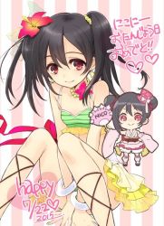 Rule 34 | 10s, 1girl, bangle, bare shoulders, bikini, bikini skirt, black hair, bracelet, chibi, chibi inset, dated, double bun, earrings, hand fan, flat chest, flower, hair flower, hair ornament, hand on own hip, happy birthday, hat, hat ribbon, heart, hibiscus, ito noizi, japanese clothes, jewelry, kimono, long hair, looking at viewer, love live!, love live! school idol project, natsuiro egao de 1 2 jump!, necklace, red eyes, ribbon, smile, solo, star (symbol), star earrings, swimsuit, top hat, twintails, wristband, yazawa nico