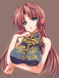 Rule 34 | 1girl, aqua eyes, braid, breast hold, breasts, brown background, chinese clothes, earrings, empty eyes, female focus, highres, hong meiling, jewelry, large breasts, long hair, looking at viewer, monety, no headwear, red hair, simple background, solo, touhou, twin braids, upper body