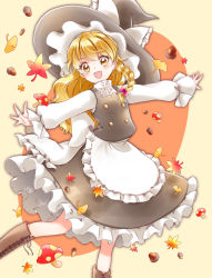 Rule 34 | 1girl, :d, acorn, apron, autumn, black skirt, black vest, blonde hair, boots, braid, brown footwear, contrapposto, cross-laced footwear, feet out of frame, ginkgo leaf, hair ribbon, hat, hat ribbon, high collar, highres, kirisame marisa, leaf, leaning to the side, long hair, long sleeves, maple leaf, mushroom, open mouth, orange background, outstretched arms, petticoat, ribbon, shirt, single braid, skirt, smile, solo, spread arms, standing, standing on one leg, symbol-only commentary, touhou, tress ribbon, two-tone background, very long hair, vest, waist apron, white shirt, witch hat, yellow background, yellow eyes, yurigaoka nayuki