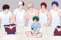 Rule 34 | 6+boys, alternate costume, bakugou katsuki, black hair, blue hair, blue shorts, boku no hero academia, collarbone, commentary, couch, green hair, grey background, grin, hand up, highres, looking at another, male focus, meme, midoriya izuku, multiple boys, muscular, muscular male, open mouth, pale skin, pants, pillow, piper perri surrounded (meme), red hair, rin (rinriemie), scar, scar on arm, shindou you, shinsou hitoshi, shirt, shorts, sitting, smile, spiked hair, standing, sweat, symbol-only commentary, t-shirt, tank top, teeth, todoroki shouto, translation request, white hair, white pants, white shirt, yaoi