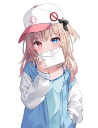 Rule 34 | 1girl, baseball cap, black bow, blue camisole, blue eyes, blue jacket, blue nails, blush, bow, brown hair, camisole, collarbone, commentary, english commentary, envelope, hair bow, hair ornament, hairclip, hand in pocket, hand up, hat, head tilt, heterochromia, highres, hitsukuya, holding, holding envelope, jacket, long hair, long sleeves, looking at viewer, multicolored hair, nail polish, open clothes, open jacket, original, pink hair, puffy long sleeves, puffy sleeves, red eyes, simple background, sleeves past wrists, solo, streaked hair, track jacket, white background, white hat