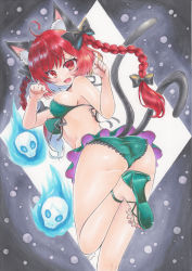 Rule 34 | 1girl, :d, absurdres, ahoge, alternate costume, animal ear fluff, animal ears, ass, bare shoulders, bikini, black bow, blue fire, blush, bow, braid, cat ears, cat tail, fang, fire, flaming skull, floating hair, floating skull, foot out of frame, hair bow, hair ribbon, hands up, highres, hitodama, kaenbyou rin, long hair, looking at viewer, looking back, multiple tails, nekomata, open mouth, paw pose, red eyes, red hair, ribbon, skin fang, smile, solo, standing, standing on one leg, swimsuit, tail, touhou, traditional media, tress ribbon, tsugumi (tky-fam), twin braids, twintails, twisted torso, two tails, very long hair
