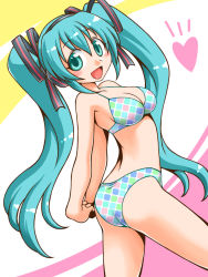 Rule 34 | 1girl, aqua eyes, aqua hair, arched back, arms behind back, ass, bikini, blush, breasts, cleavage, from side, hair ribbon, hatsune miku, highres, long hair, looking at viewer, nishi kita, open mouth, ribbon, smile, solo, swimsuit, twintails, very long hair, vocaloid