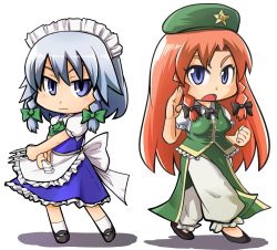 Rule 34 | 2girls, apron, beret, between fingers, blue eyes, bow, bowtie, braid, chibi, chinese clothes, collared shirt, fighting stance, frilled apron, frilled skirt, frilled sleeves, frills, hair bow, hat, holding, holding knife, hong meiling, izayoi sakuya, knife, knives between fingers, long hair, looking at viewer, maid, maid apron, maid headdress, maru take, multiple girls, open mouth, pants, puffy short sleeves, puffy sleeves, red hair, shirt, shoes, short hair, short sleeves, silver hair, skirt, socks, star (symbol), tangzhuang, touhou, twin braids, white background