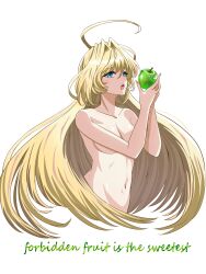 Rule 34 | 1girl, :d, absurdly long hair, absurdres, adankelmo (langrisser), antenna hair, apple, blonde hair, blue eyes, breasts, cleavage, collarbone, completely nude, cropped torso, english text, food, fruit, green apple, hair censor, highres, holding, holding food, holding fruit, langrisser, langrisser mobile, long hair, medium breasts, navel, nude, open mouth, simple background, smile, solo, tsukiyuki mike, very long hair, white background