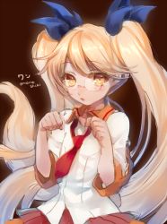 Rule 34 | 10s, 1girl, bad id, bad twitter id, blonde hair, blush, clenched hand, clenched hands, dog tail, glasses, hair ribbon, long hair, looking at viewer, momoshiki tsubaki, necktie, red necktie, retoree (show by rock!!), ribbon, show by rock!!, skirt, solo, tail, twintails, upper body, very long hair, yellow eyes