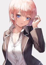 Rule 34 | 1girl, black jacket, blue eyes, breasts, cleavage, collarbone, collared shirt, commentary request, dress shirt, earrings, fagi (kakikaki), go-toubun no hanayome, hand up, jacket, jewelry, long sleeves, looking at viewer, medium breasts, nakano ichika, open clothes, open jacket, parted lips, pink hair, revision, school uniform, shirt, short hair, smile, solo, stud earrings, upper body, white shirt