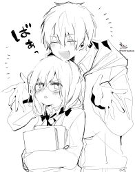 Rule 34 | 1boy, 1girl, :d, ^ ^, absurdres, ars almal, blush, closed eyes, collared shirt, commentary request, ex albio, glasses, greyscale, hair between eyes, hands up, highres, hood, hood down, hooded jacket, jacket, long hair, long sleeves, monochrome, nijisanji, hugging object, open clothes, open jacket, open mouth, shirt, signature, simple background, sleeves past wrists, smile, sofra, sweat, teeth, translation request, twitter username, upper body, upper teeth only, v-shaped eyebrows, virtual youtuber, white background
