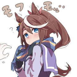 Rule 34 | 1girl, ?, animal ears, black gloves, blue eyes, blush, closed mouth, commentary request, gloves, hands up, horse ears, long hair, long sleeves, looking at viewer, looking to the side, multicolored hair, out of frame, ponytail, purple shirt, ree (re-19), sailor collar, scarf, school uniform, shirt, simple background, solo focus, streaked hair, tokai teio (umamusume), tracen school uniform, translation request, umamusume, upper body, white background